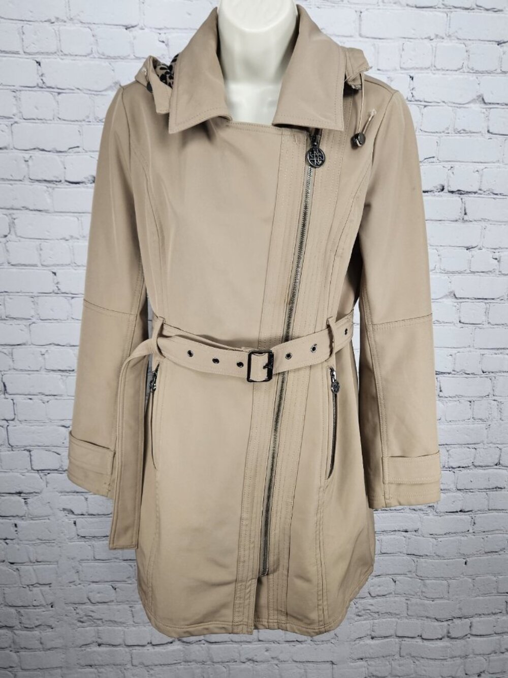 Nicole Miller Tan Leopard Removable Hood Belted Trench Soft Shell Long Coat S